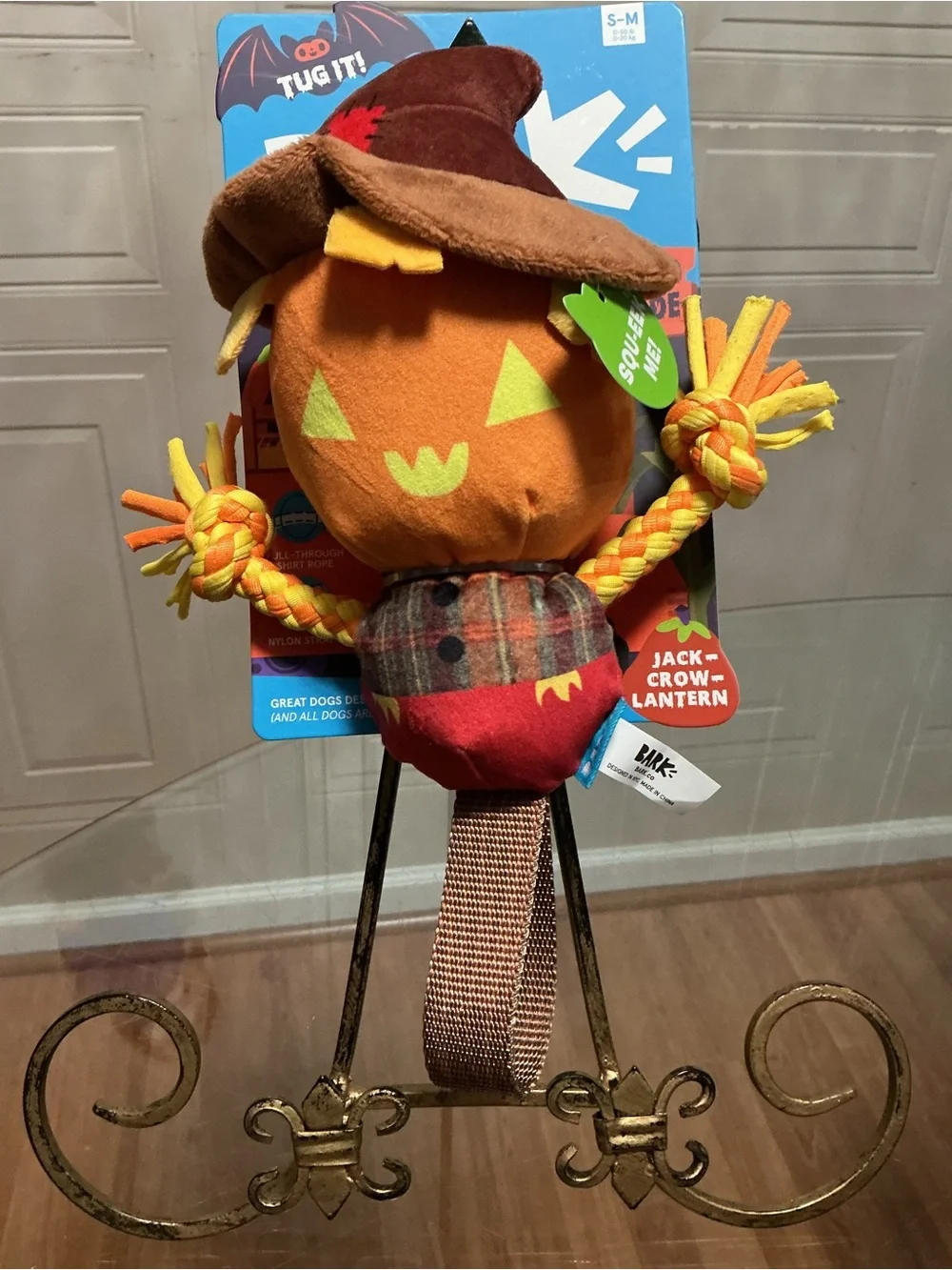 New Bark Jack Crow Lantern Dog Toy Scarecrow Tug Strap Crinkle Squeaker 12”